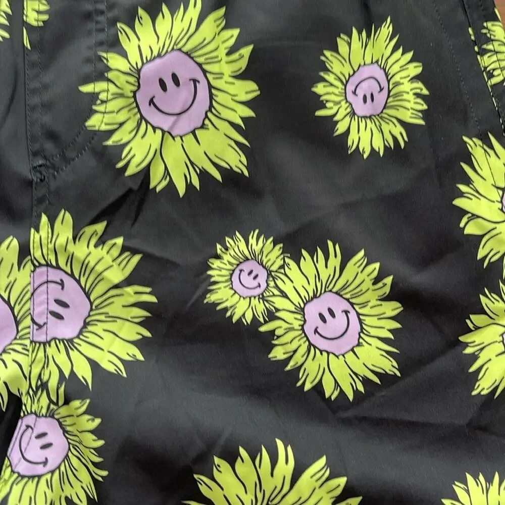 NEFF smiley face sunflower print unlined elastic waist pull on swim trunks sz L